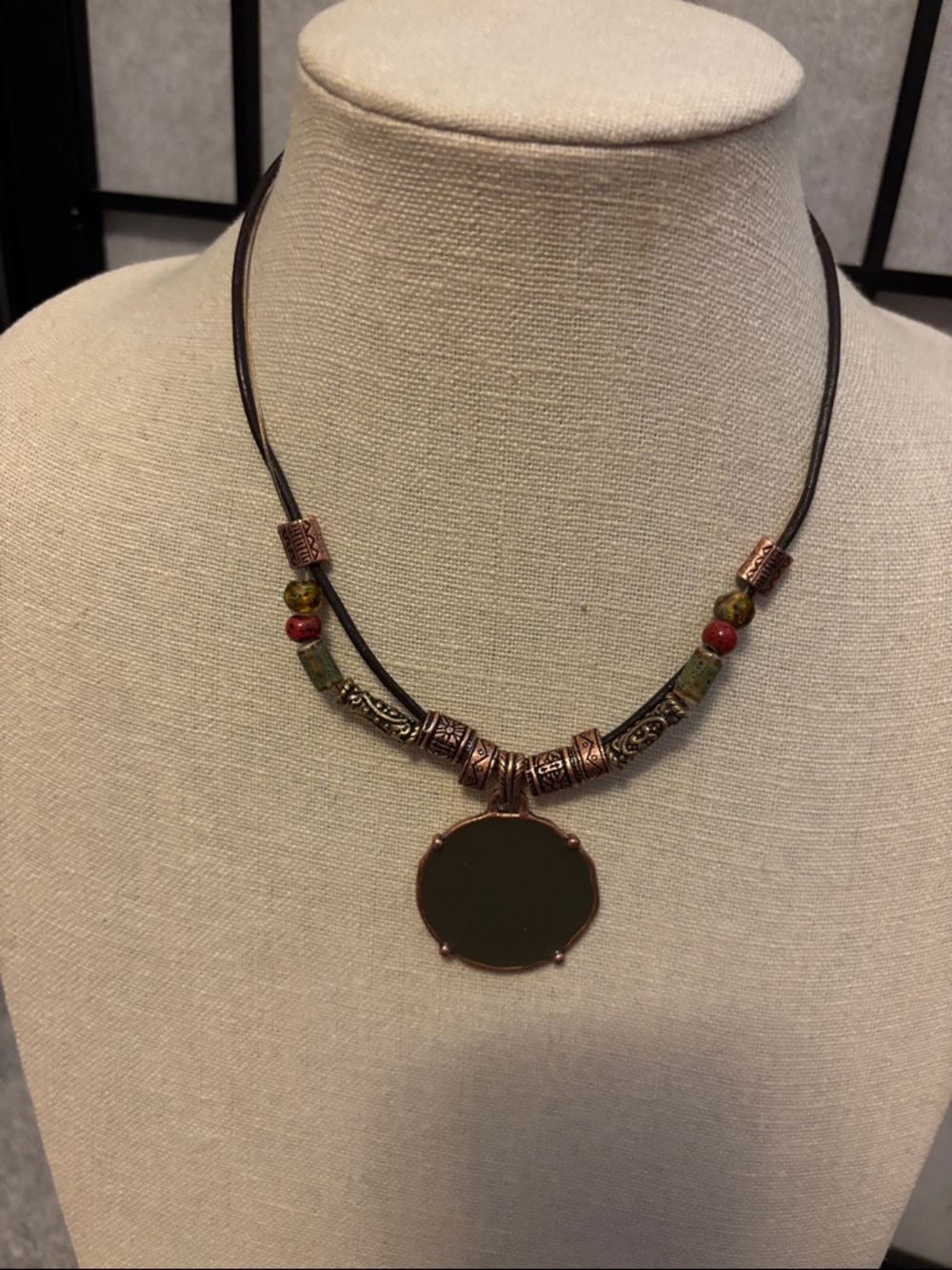 Chico's Olive Green & Red Beaded Leather Pendant Necklace